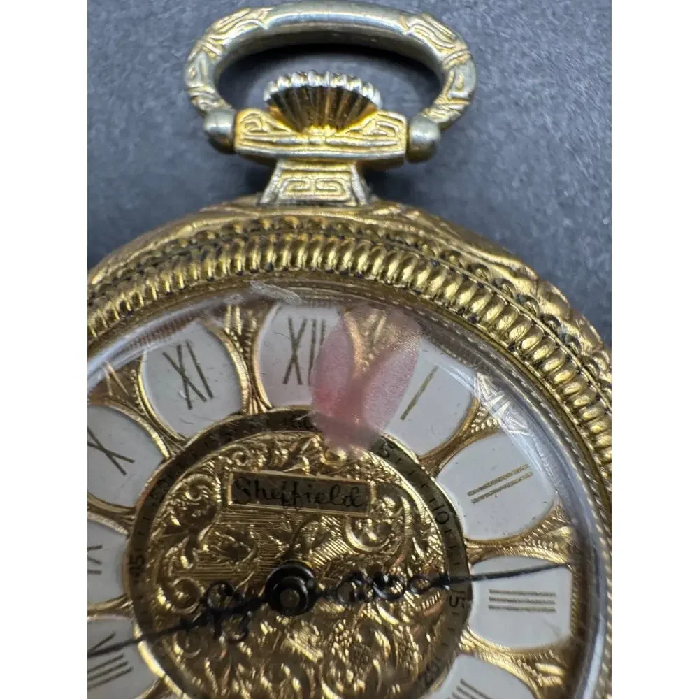 Vintage Sheffield Gold Tone Swiss Made White Dial Pendant Pocket Watch 1 Jewel
